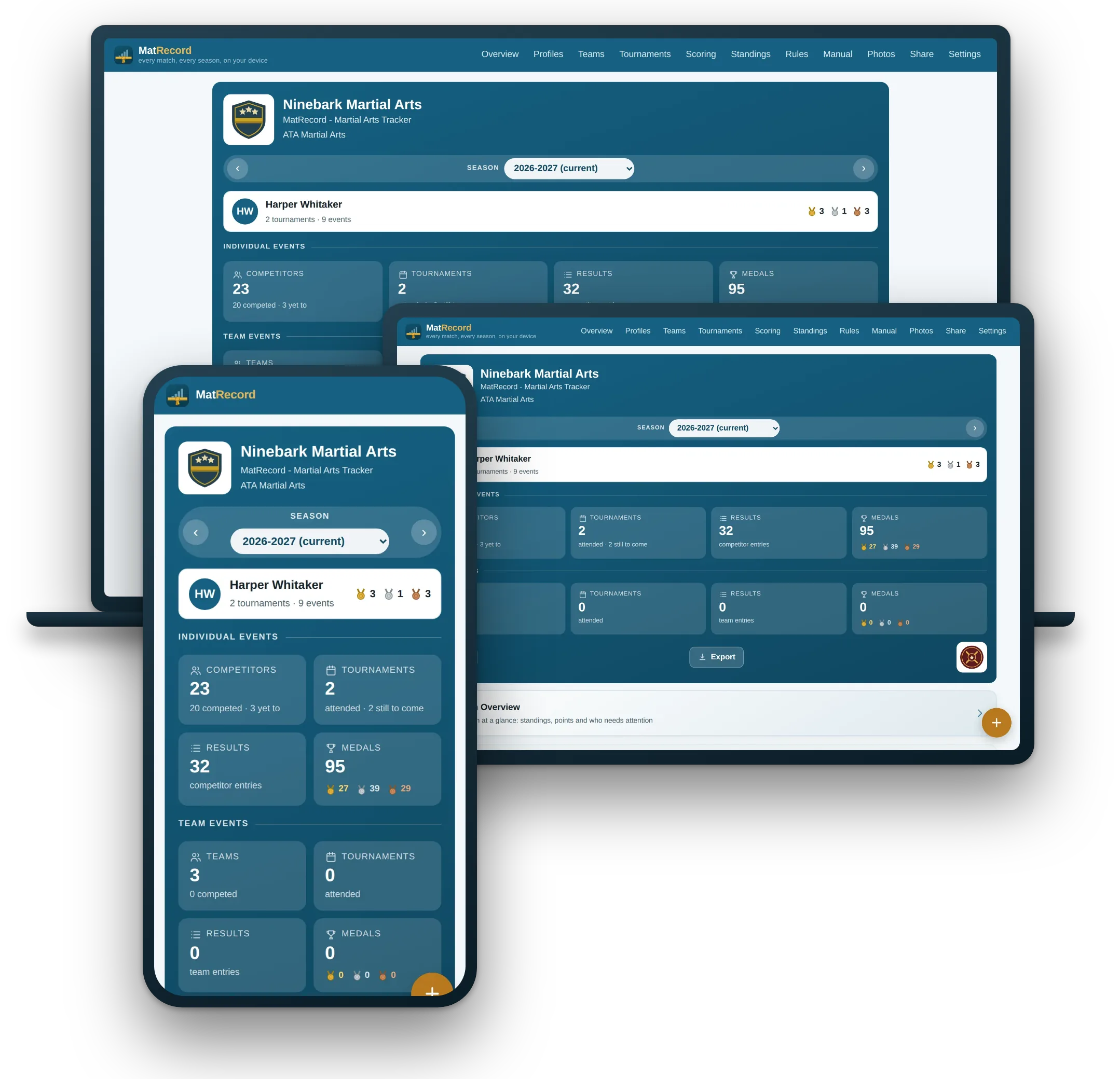 The home screen on a laptop, a tablet and a phone, layered one in front of the next, each laid out for the width it is on.