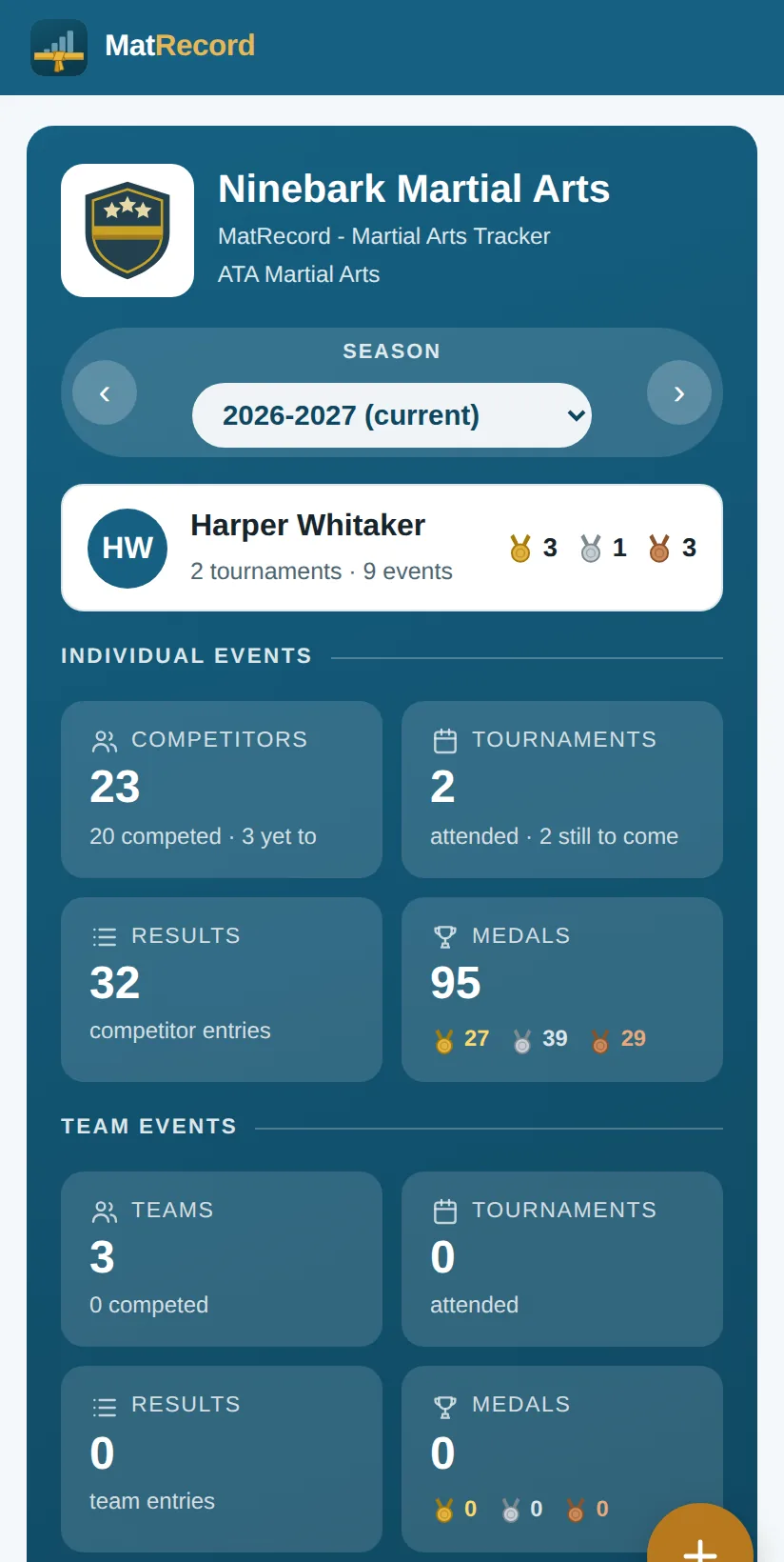 The home screen: the child this app is about, the tournaments behind and ahead, and what the school has won so far.