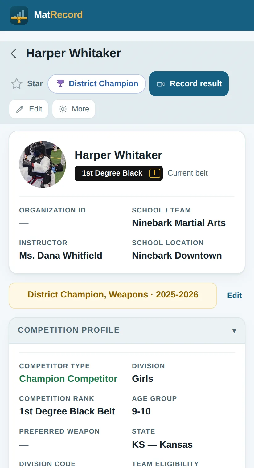 A competitor profile with the champion division pill, a highlight banner naming a district title, and the competition profile underneath.