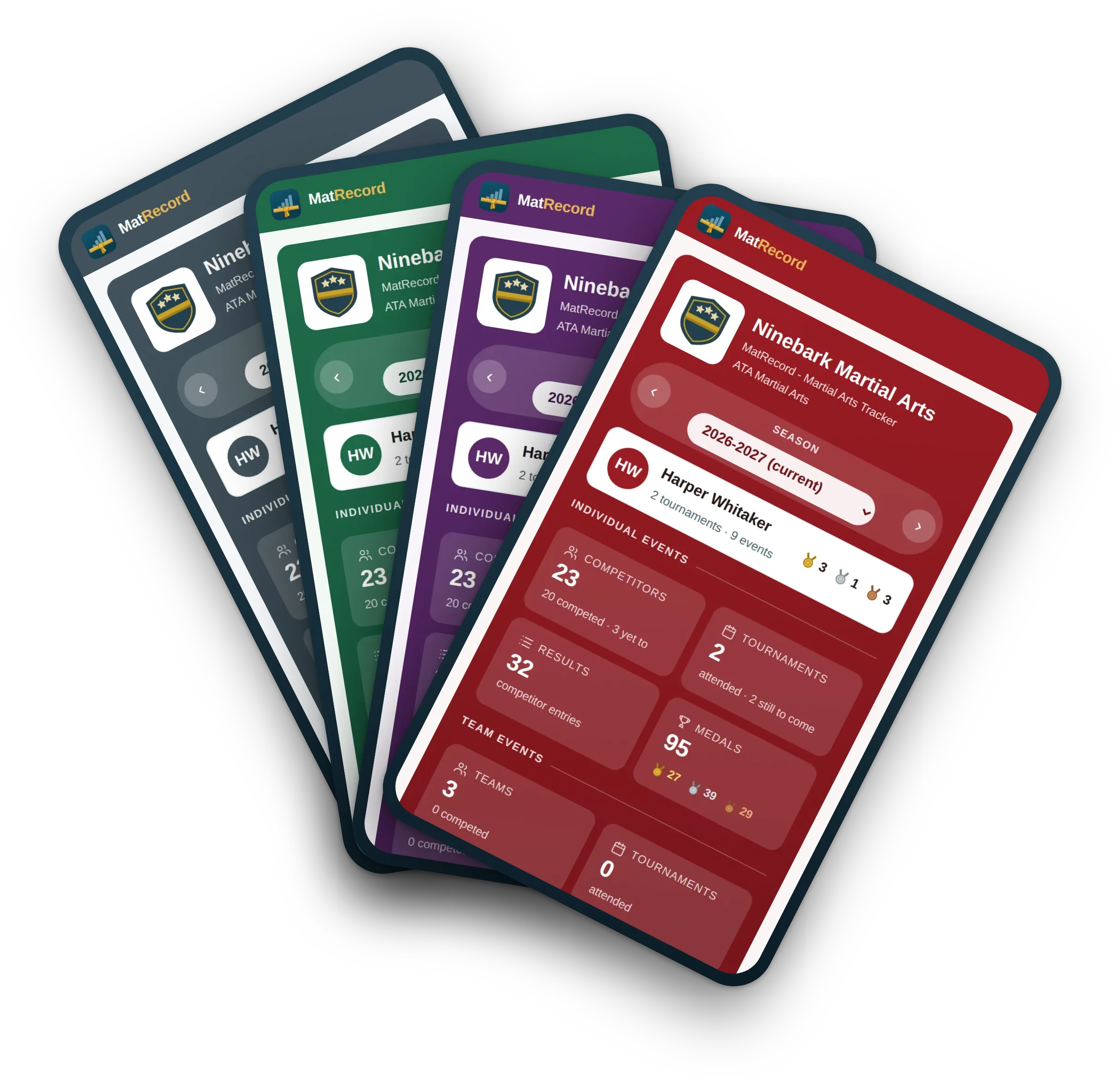 The same home screen fanned out across four phones in four different color schemes: slate, forest, plum and crimson.