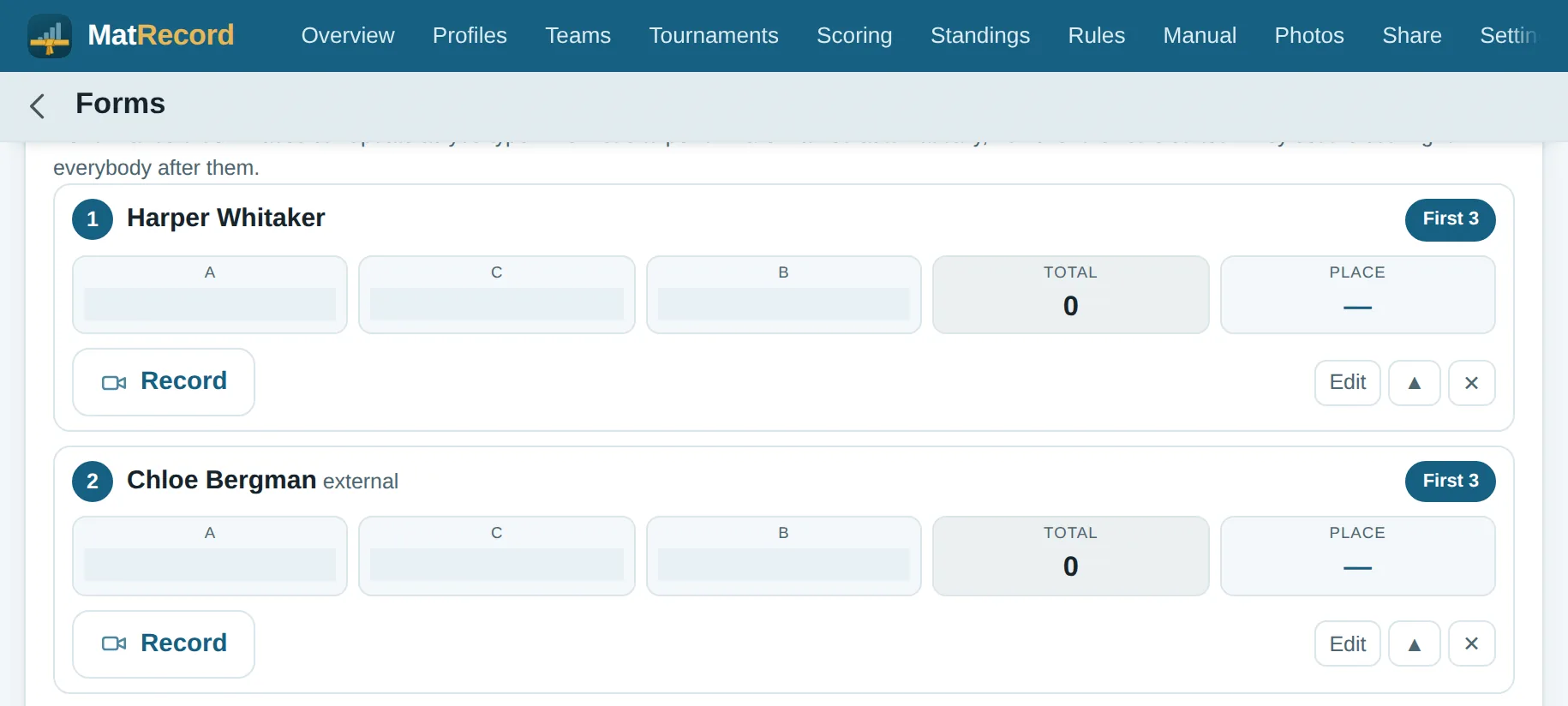 A Forms score sheet with five competitors on it and no scores entered: every total reads zero and every place is a dash.